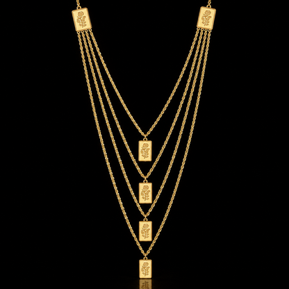 Gold Multi-Layered Rope-Chain With Rectangular Bars Engraved Rose Motifs Necklace 21KT - FKJNKL21KM12212
