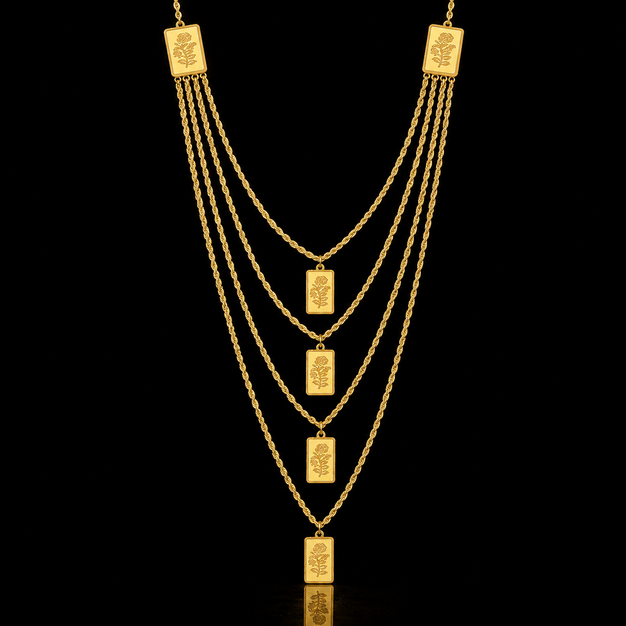 Gold Multi-Layered Rope-Chain With Rectangular Bars Engraved Rose Motifs Necklace 21KT - FKJNKL21KM12213