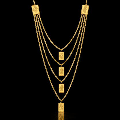 Gold Multi-Layered Rope-Chain With Rectangular Bars Engraved Rose Motifs Necklace 21KT - FKJNKL21KM12213