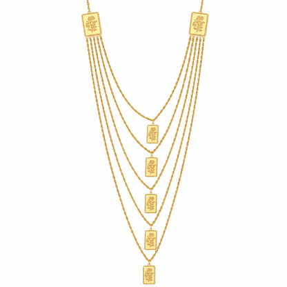 Gold Multi-Layered Rope-Chain With Rectangular Bars Engraved Rose Motifs Necklace 21KT - FKJNKL21KM12213