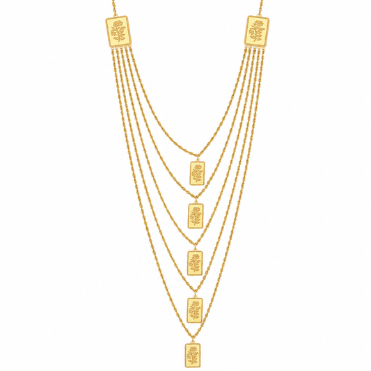 Gold Multi-Layered Rope-Chain With Rectangular Bars Engraved Rose Motifs Necklace 21KT - FKJNKL21KM12213