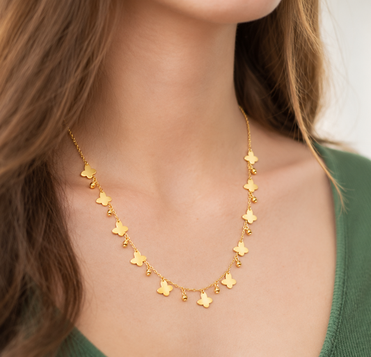 Gold Butterfly Charm Station Necklace 21KT - FKJNKL21KM12257