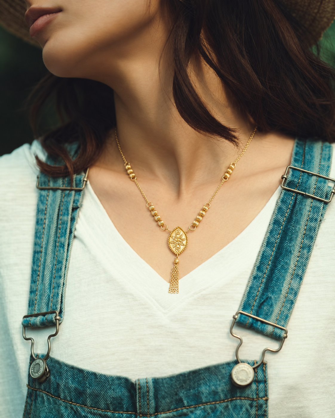 Gold Toned Beaded tassel Necklace 21KT - FKJNKL21KM12258