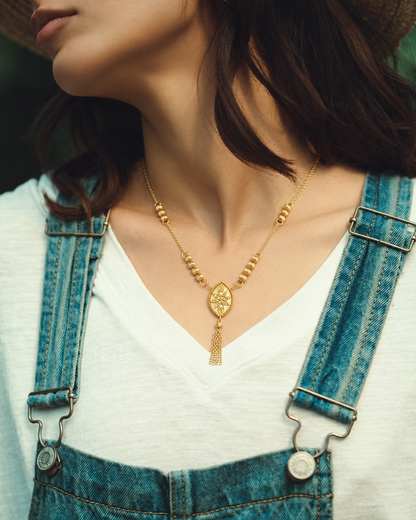 Gold Toned Beaded tassel Necklace 21KT - FKJNKL21KM12258