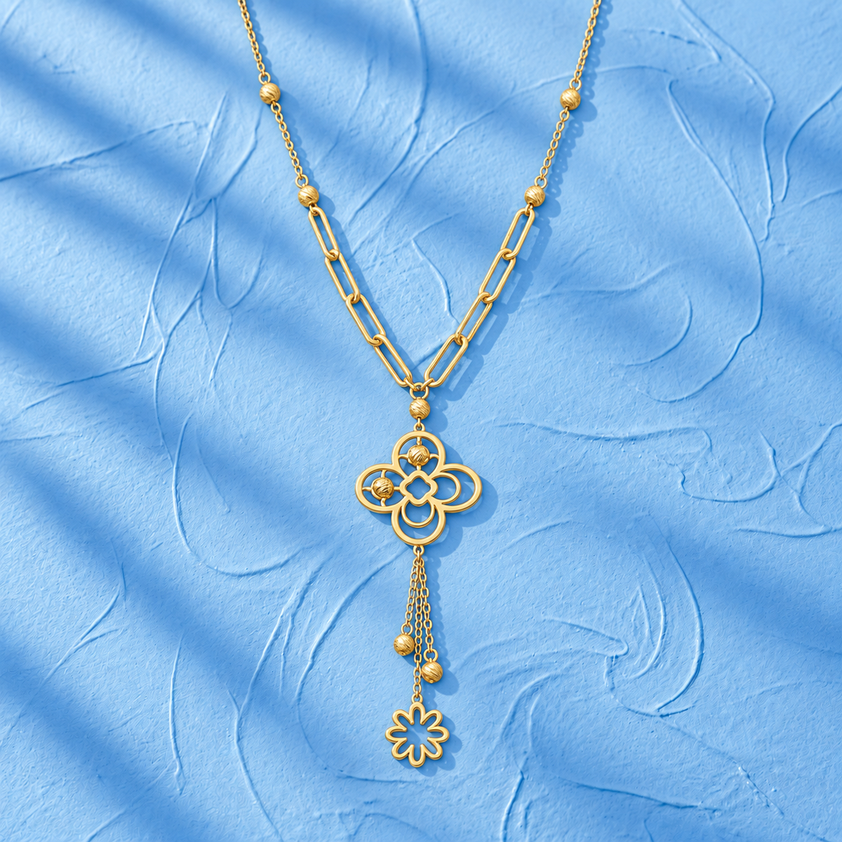 Gold Floral Clover Pendant Necklace with Paperclip Chain 21KT - FKJNKL21KM12263