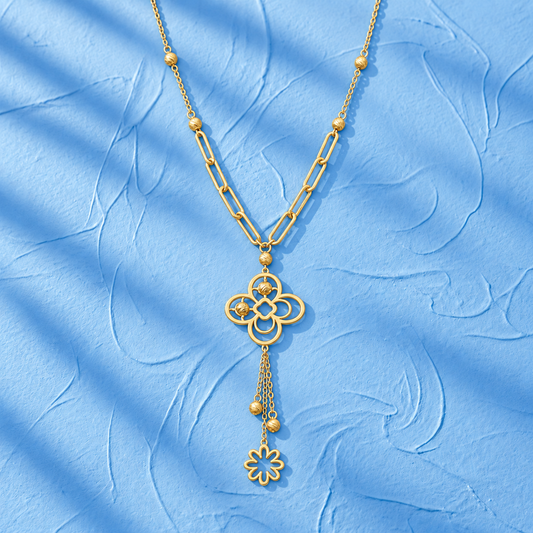 Gold Floral Clover Pendant Necklace with Paperclip Chain 21KT - FKJNKL21KM12263