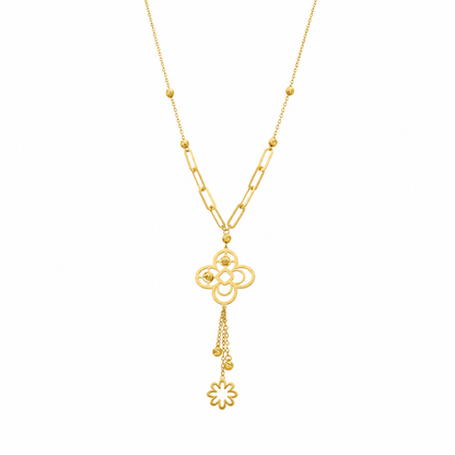 Gold Floral Clover Pendant Necklace with Paperclip Chain 21KT - FKJNKL21KM12263