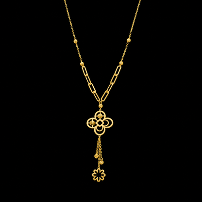 Gold Floral Clover Pendant Necklace with Paperclip Chain 21KT - FKJNKL21KM12263