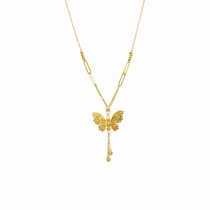 Gold Butterfly Charm Drop Necklace 21KT - FKJNKL21KM12264