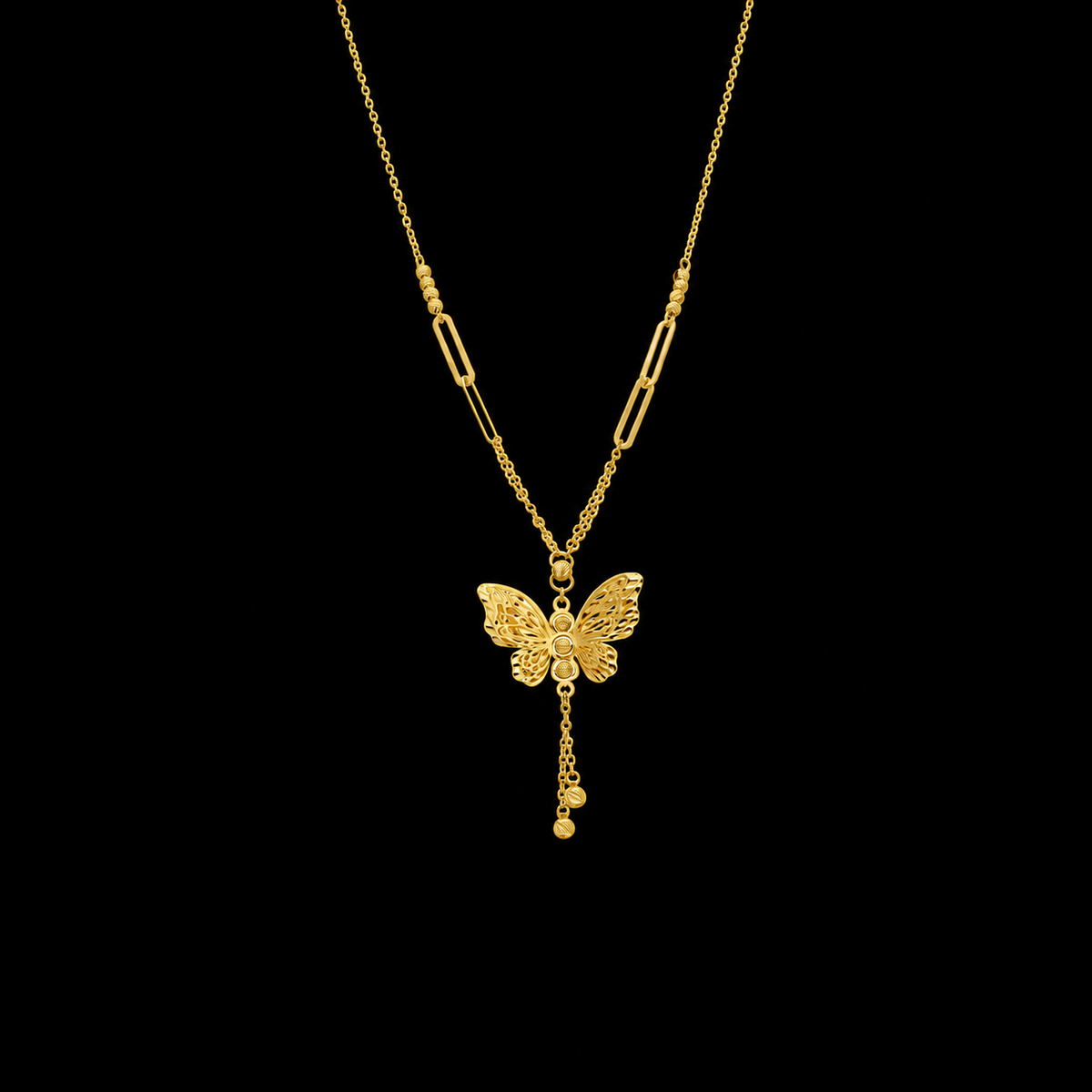 Gold Butterfly Charm Drop Necklace 21KT - FKJNKL21KM12264