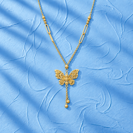 Gold Butterfly Charm Drop Necklace 21KT - FKJNKL21KM12264