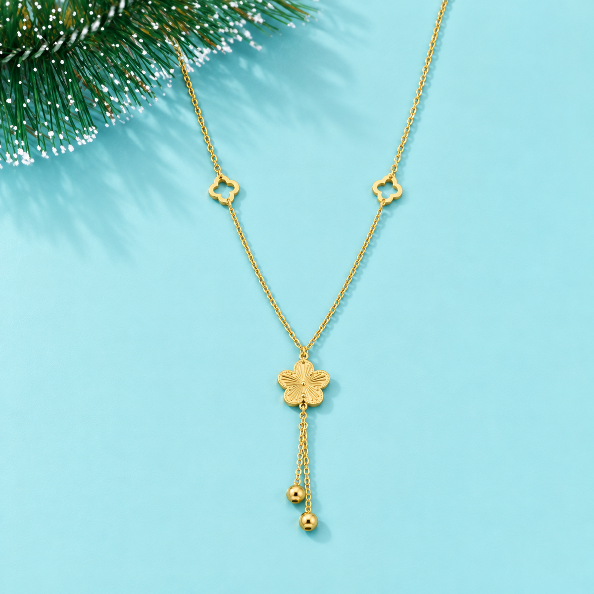Gold Flower Hanging Tassel Necklace 21KT - FKJNKL21KM12276