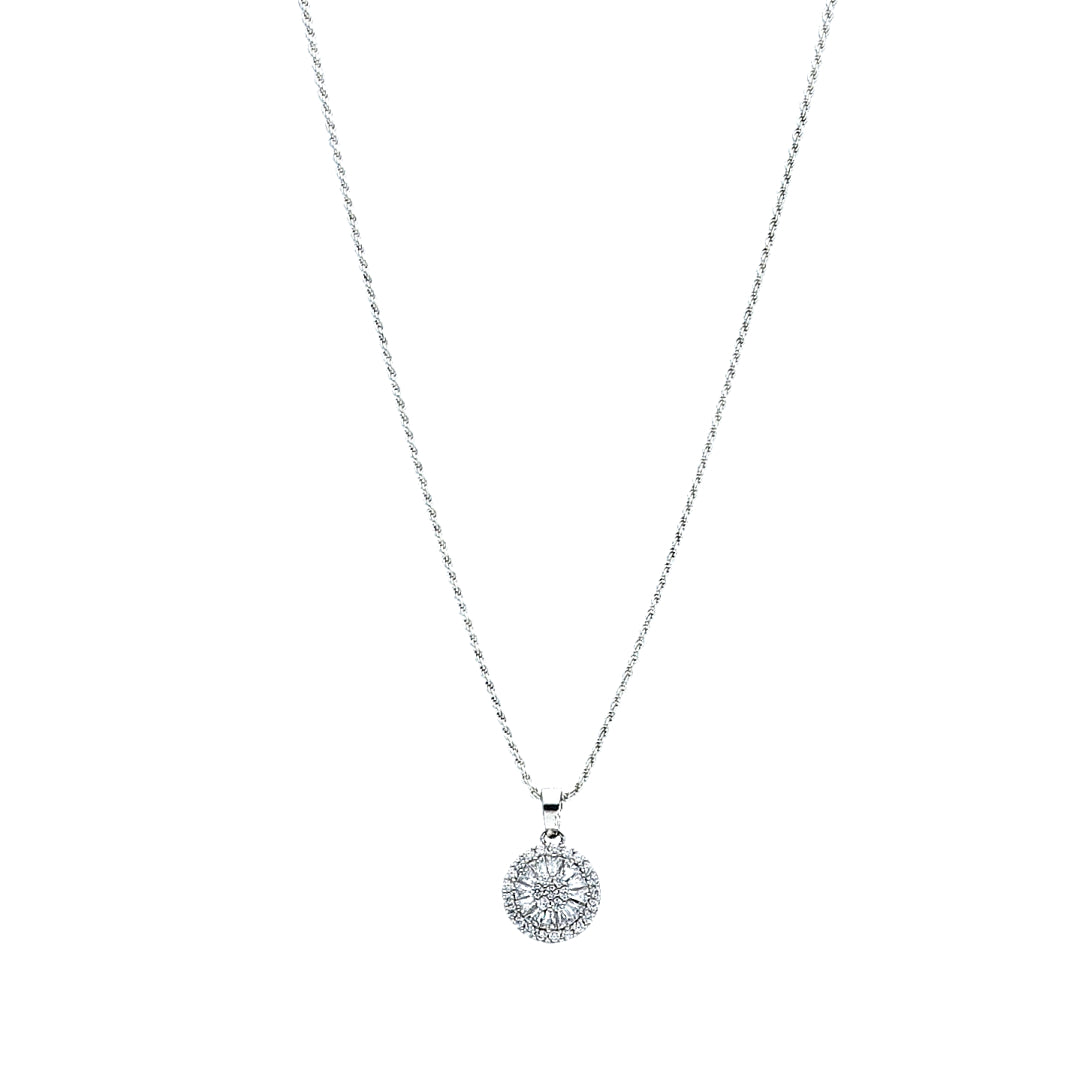 Sterling Silver 925 Round Halo Necklace (Chain with Pendant) - FKJNKLSL11094
