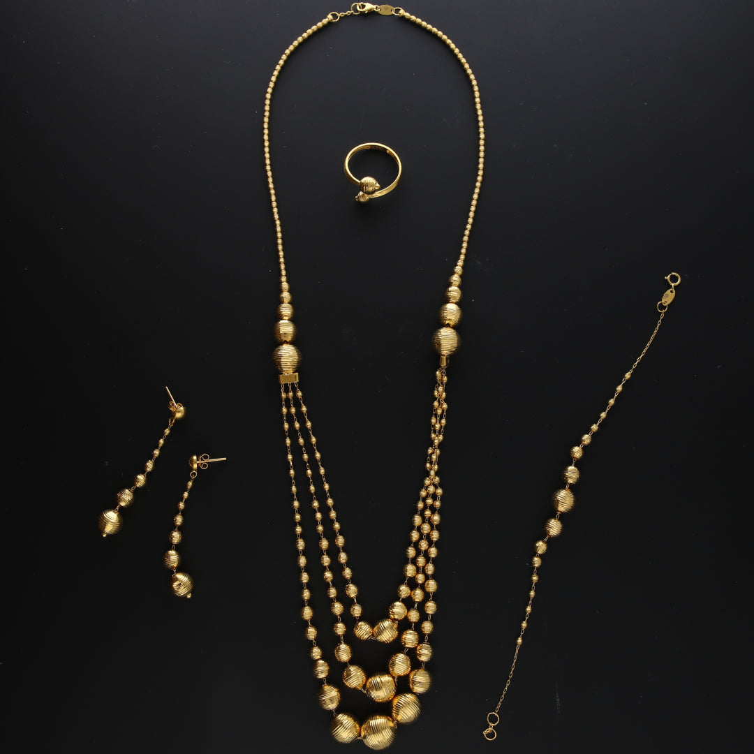 Gold Triple-Layer Beaded Necklace Set (Necklace, Bracelet, Earrings and Ring) 21KT - FKJNKLST21KM10172