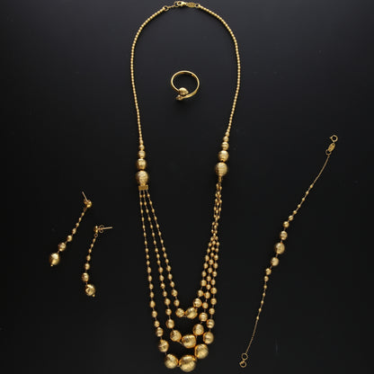Gold Triple-Layer Beaded Necklace Set (Necklace, Bracelet, Earrings and Ring) 21KT - FKJNKLST21KM10172
