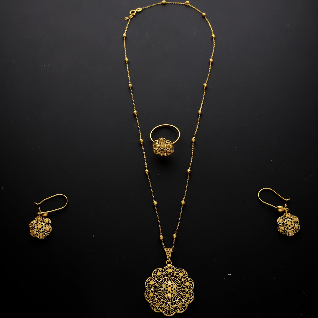 Gold Traditional Mandala Filigree Design Necklace Set (Necklace, Earrings and Ring) 21KT - FKJNKLST21KM10228