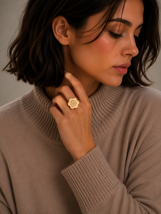 Gold Rose Engraved Ring 21KT - FKJRN21KM11960