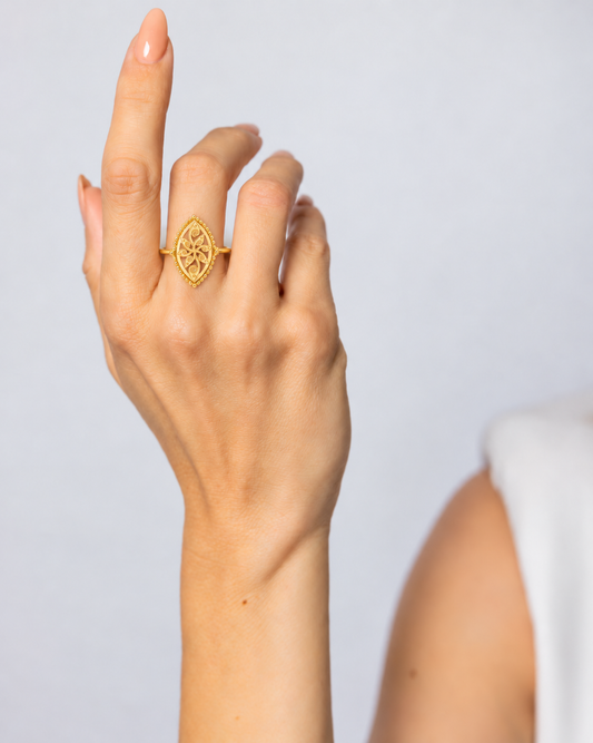 Gold Delicate Floral Pattern Ring 21KT - FKJRN21KM12232