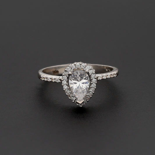 Sterling Silver 925 Halo Pear Ring - FKJRNSL10710