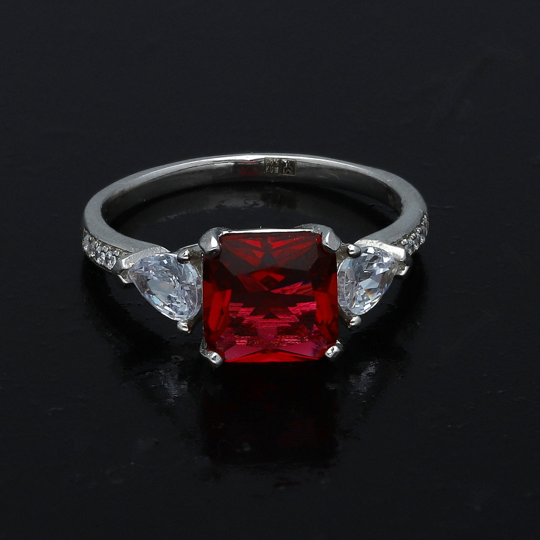 Sterling Silver 925 Square Red Center Ring - FKJRNSL11016
