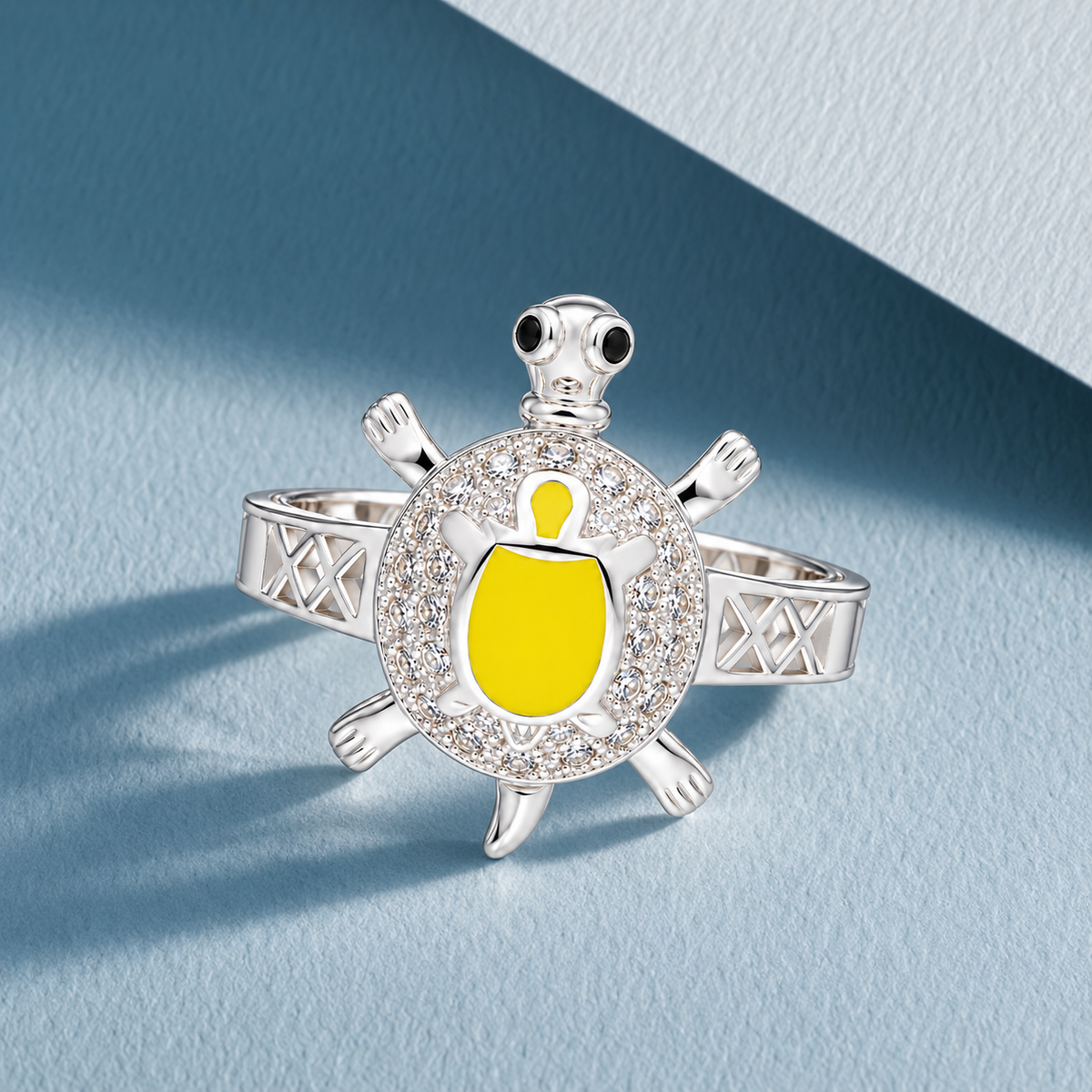 Sterling Silver 925 Turtle Design with Yellow Enamel & CZ Stones Ring - FKJRNSLM12283