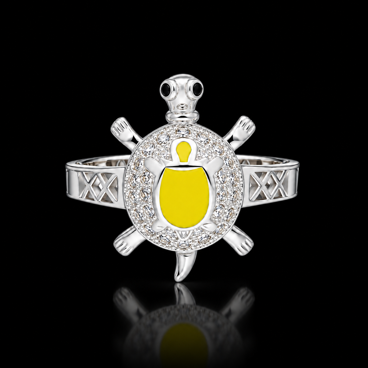 Sterling Silver 925 Turtle Design with Yellow Enamel & CZ Stones Ring - FKJRNSLM12283