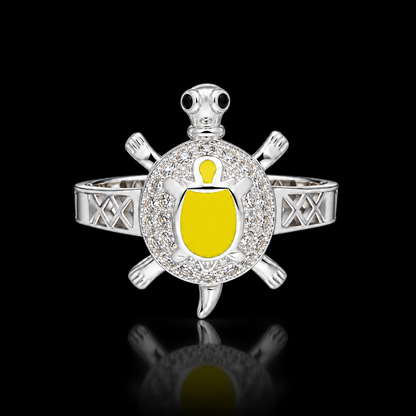 Sterling Silver 925 Turtle Design with Yellow Enamel & CZ Stones Ring - FKJRNSLM12283