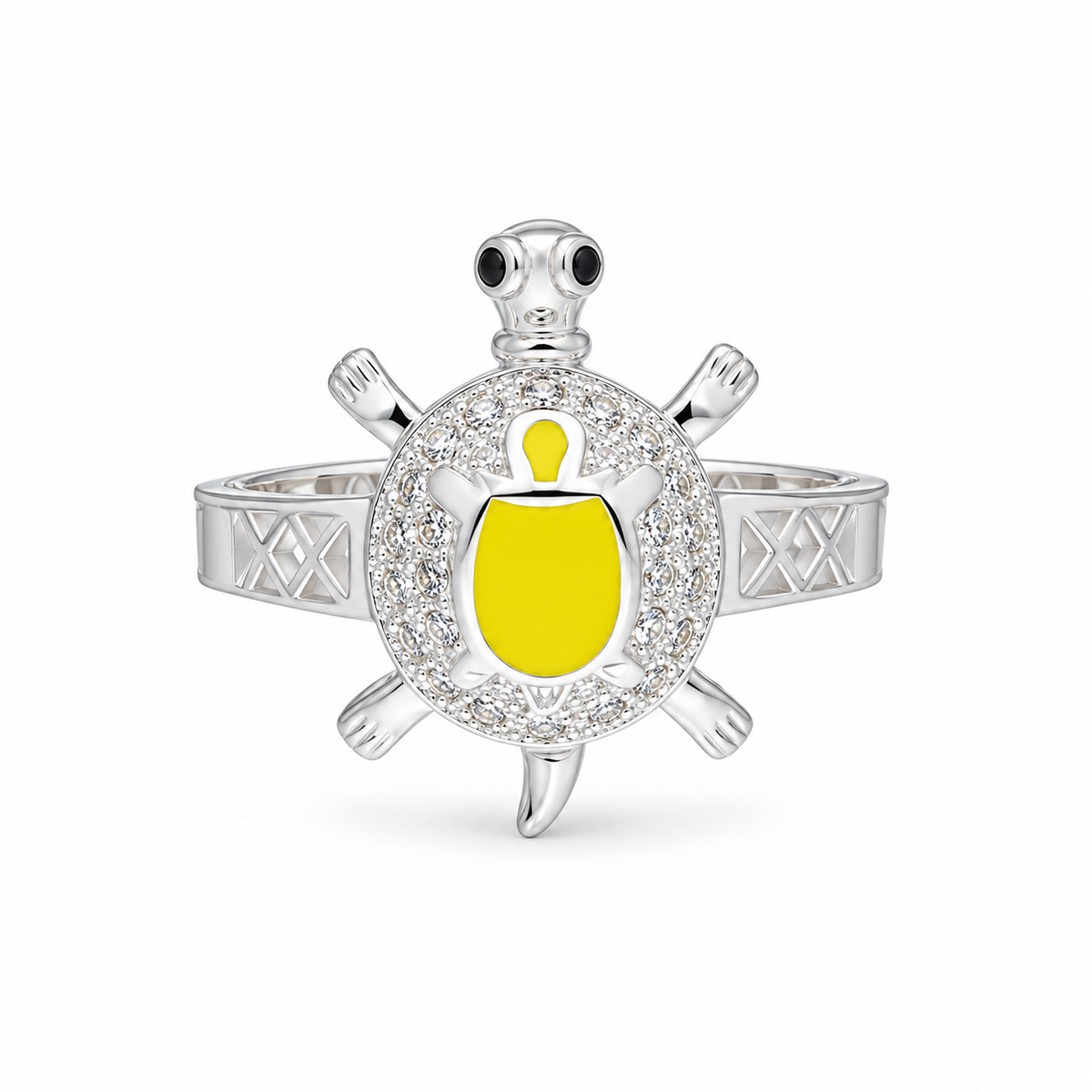 Sterling Silver 925 Turtle Design with Yellow Enamel & CZ Stones Ring - FKJRNSLM12283