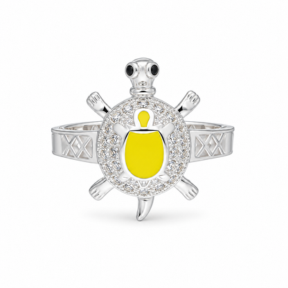 Sterling Silver 925 Turtle Design with Yellow Enamel & CZ Stones Ring - FKJRNSLM12283
