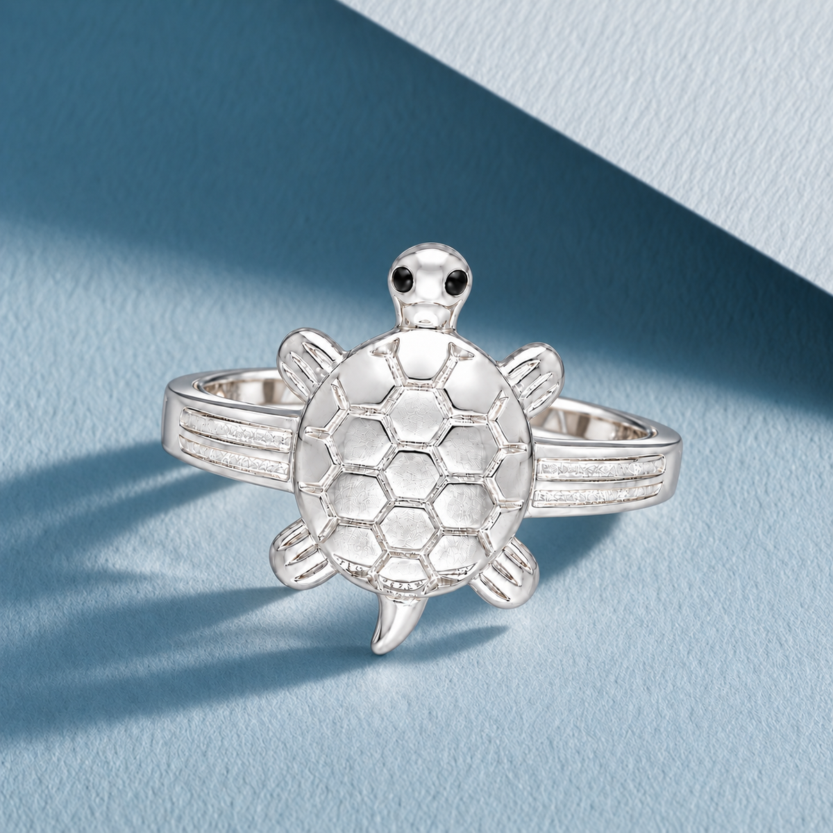 Sterling Silver 925 Turtle Charm Ring with Honeycomb Shell Pattern  Ring - FKJRNSLM12284