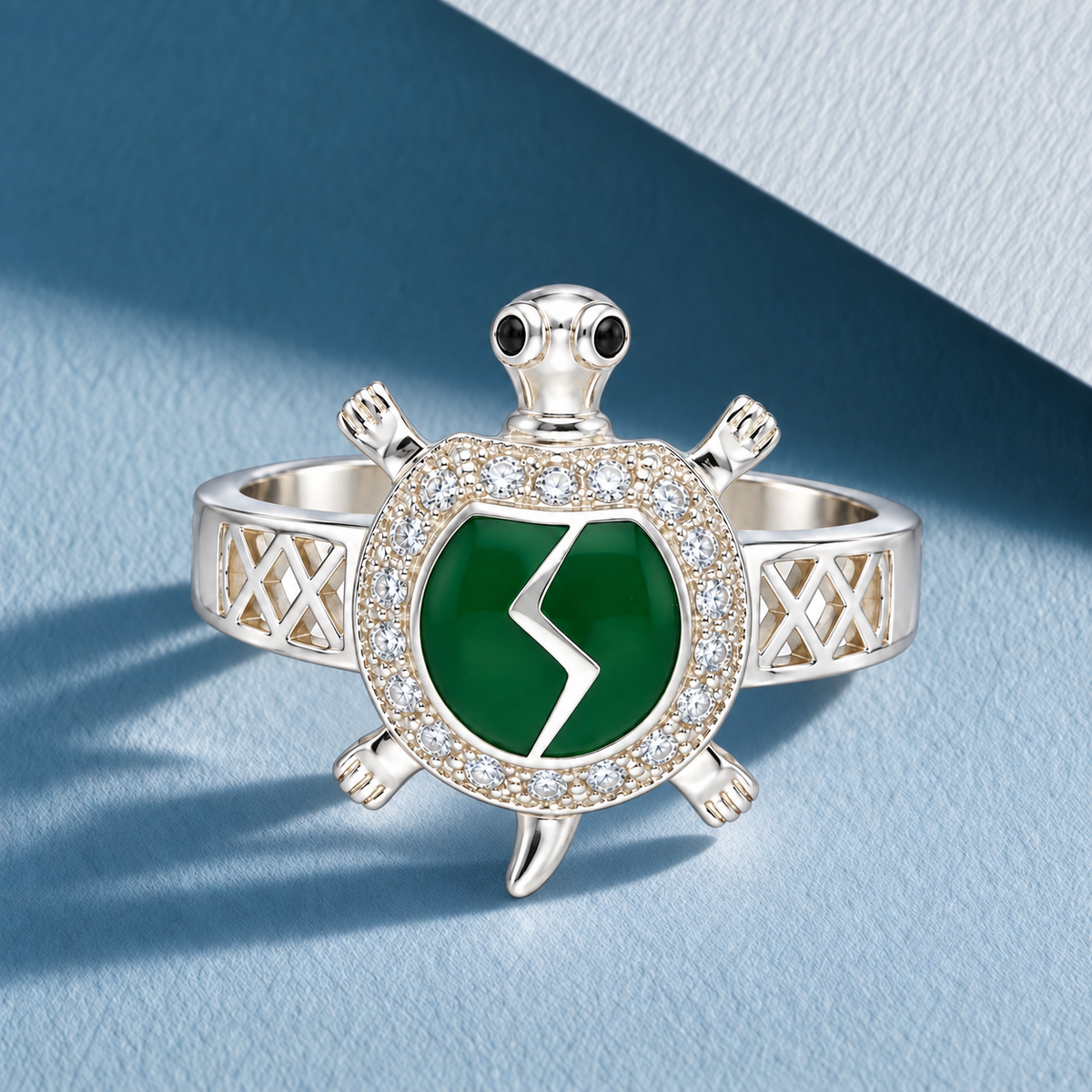 Sterling Silver 925 Sea Turtle Ring with Green Crystal Accent Ring - FKJRNSLM12285