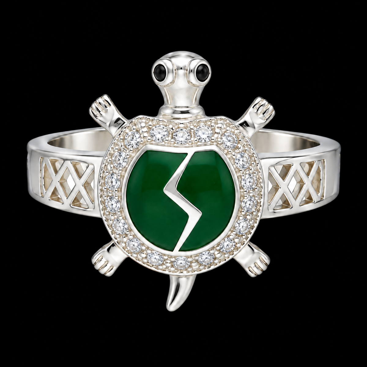 Sterling Silver 925 Sea Turtle Ring with Green Crystal Accent Ring - FKJRNSLM12285