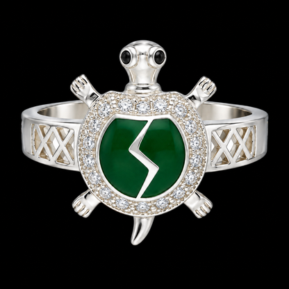 Sterling Silver 925 Sea Turtle Ring with Green Crystal Accent Ring - FKJRNSLM12285