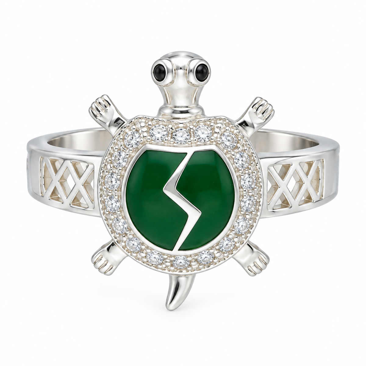 Sterling Silver 925 Sea Turtle Ring with Green Crystal Accent Ring - FKJRNSLM12285