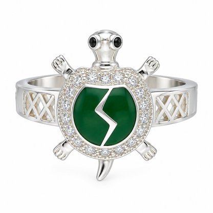 Sterling Silver 925 Sea Turtle Ring with Green Crystal Accent Ring - FKJRNSLM12285