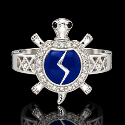 Sterling Silver 925 Sea Turtle Ring with Blue Crystal Accent Ring - FKJRNSLM12286