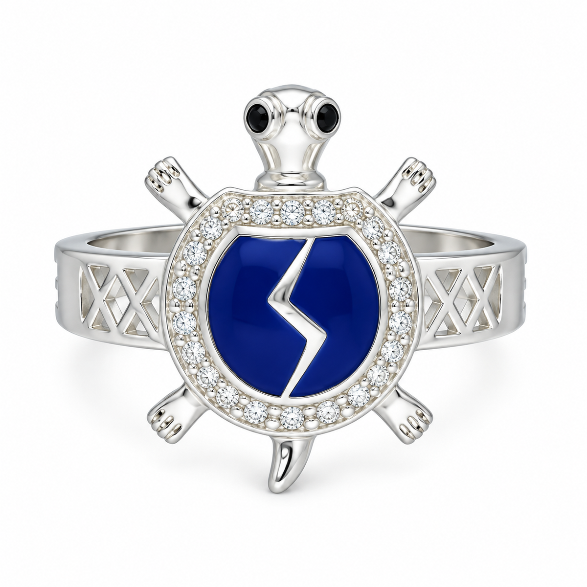 Sterling Silver 925 Sea Turtle Ring with Blue Crystal Accent Ring - FKJRNSLM12286