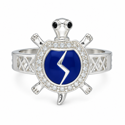Sterling Silver 925 Sea Turtle Ring with Blue Crystal Accent Ring - FKJRNSLM12286