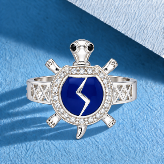 Sterling Silver 925 Sea Turtle Ring with Blue Crystal Accent Ring - FKJRNSLM12286