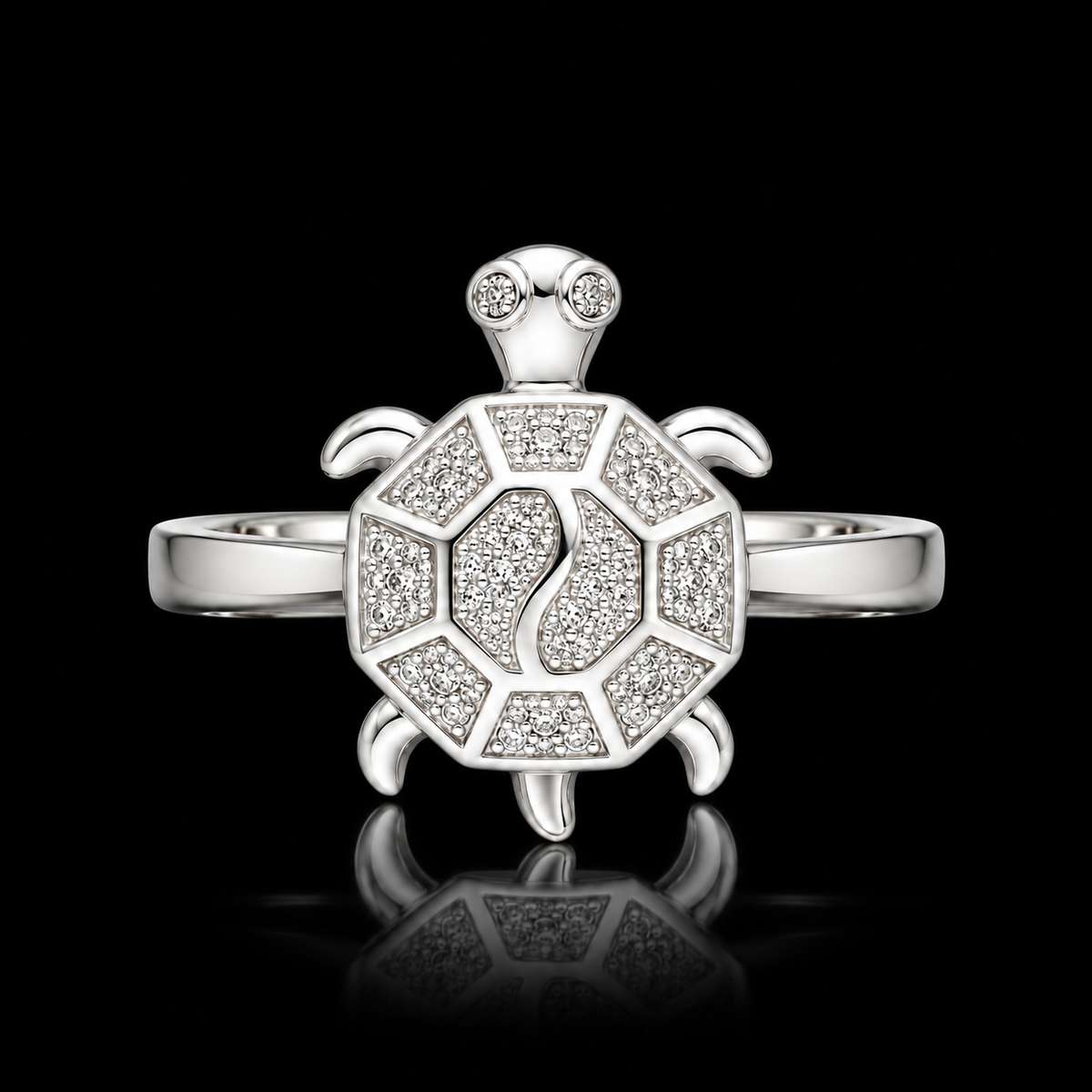 Sterling Silver 925 Turtle Shell Pattern Ring with Crystal Detailing Ring - FKJRNSLM12287