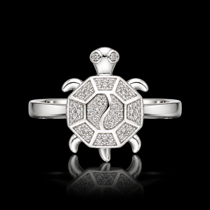 Sterling Silver 925 Turtle Shell Pattern Ring with Crystal Detailing Ring - FKJRNSLM12287