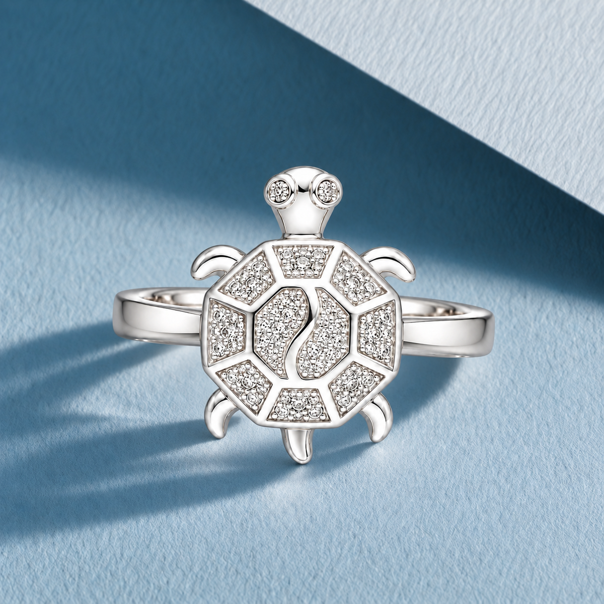 Sterling Silver 925 Turtle Shell Pattern Ring with Crystal Detailing Ring - FKJRNSLM12287