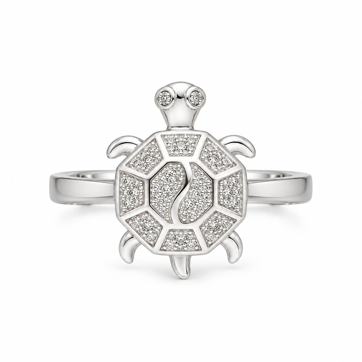 Sterling Silver 925 Turtle Shell Pattern Ring with Crystal Detailing Ring - FKJRNSLM12287
