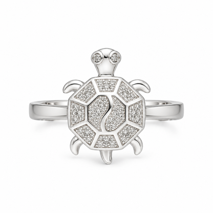 Sterling Silver 925 Turtle Shell Pattern Ring with Crystal Detailing Ring - FKJRNSLM12287