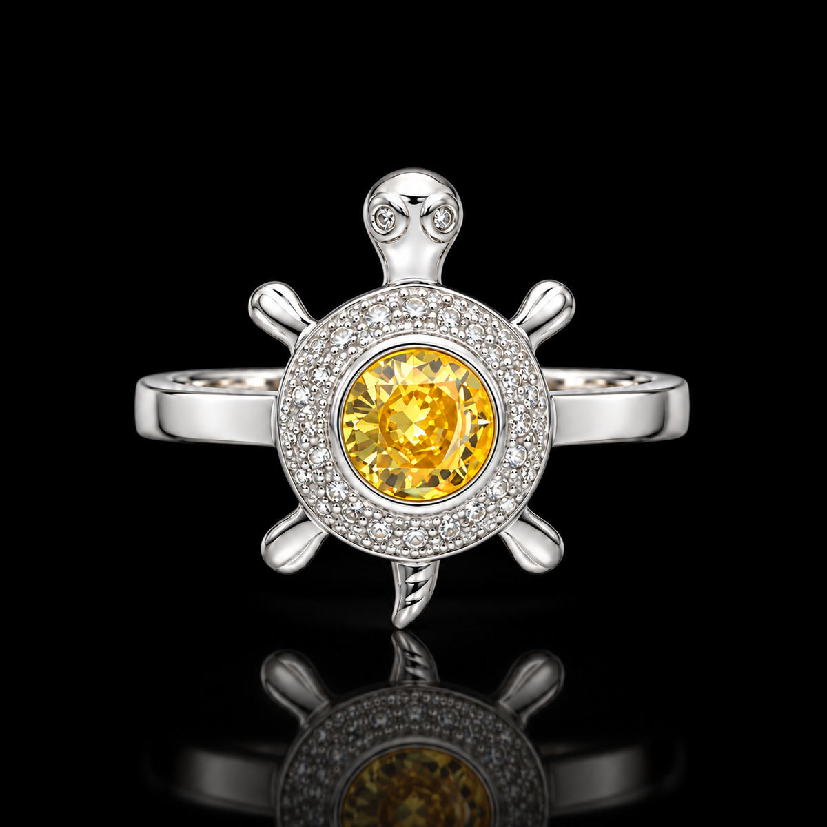 Sterling Silver 925 Sea Turtle Ring with Yellow Crystal Center Stone Ring - FKJRNSLM12288