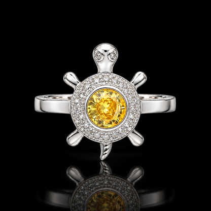 Sterling Silver 925 Sea Turtle Ring with Yellow Crystal Center Stone Ring - FKJRNSLM12288