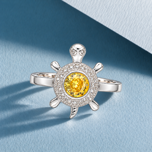 Sterling Silver 925 Sea Turtle Ring with Yellow Crystal Center Stone Ring - FKJRNSLM12288