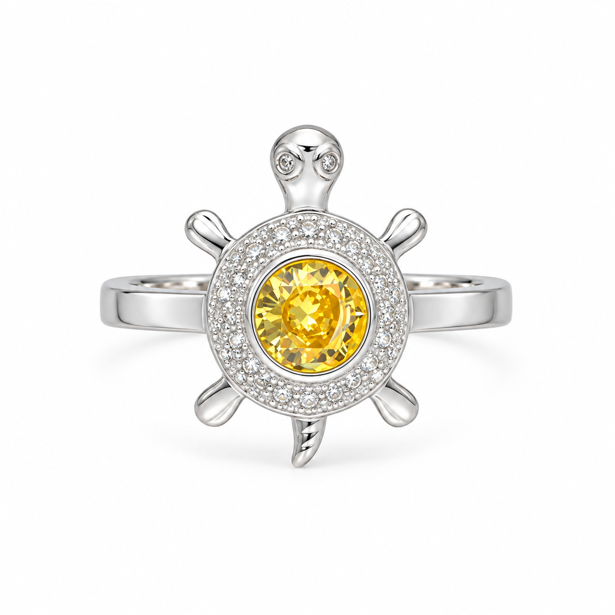 Sterling Silver 925 Sea Turtle Ring with Yellow Crystal Center Stone Ring - FKJRNSLM12288