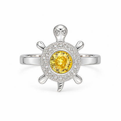 Sterling Silver 925 Sea Turtle Ring with Yellow Crystal Center Stone Ring - FKJRNSLM12288
