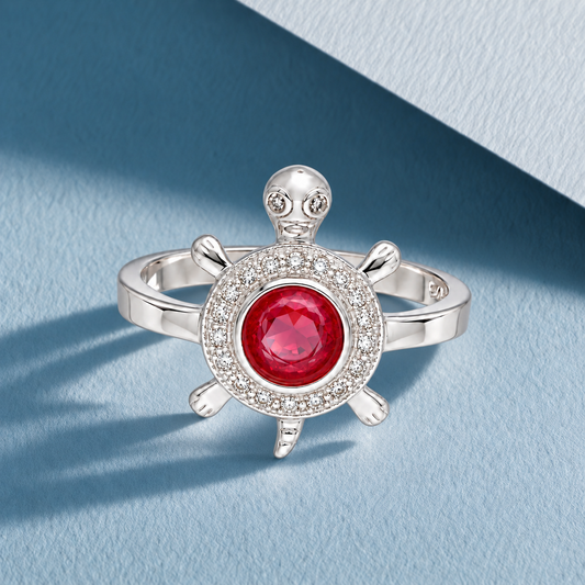 Sterling Silver 925 Sea Turtle Ring with Red Crystal Center Stone Ring - FKJRNSLM12290